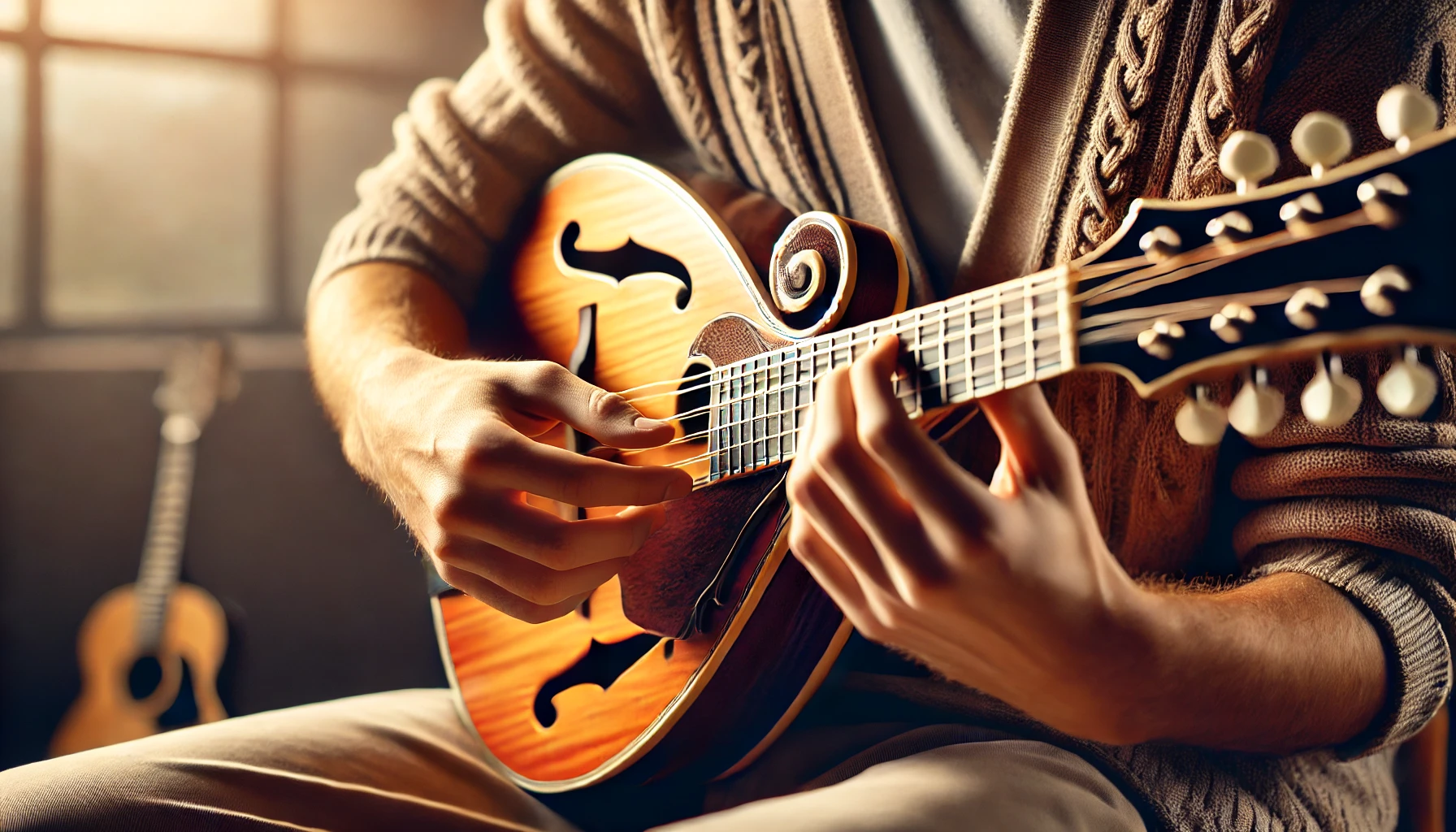 Anfänger spielt Mandoline mit korrekter Haltung und Handposition