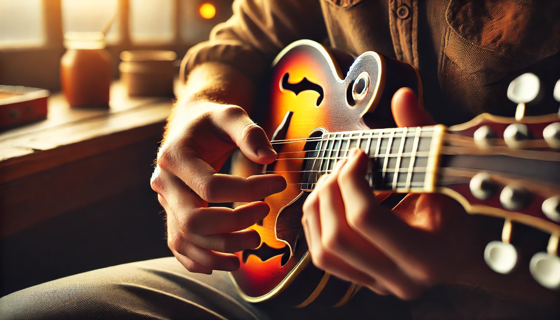 Nahaufnahme einer Mandoline, auf der Fingerstyle-Techniken gezeigt werden, Hände auf den Saiten.