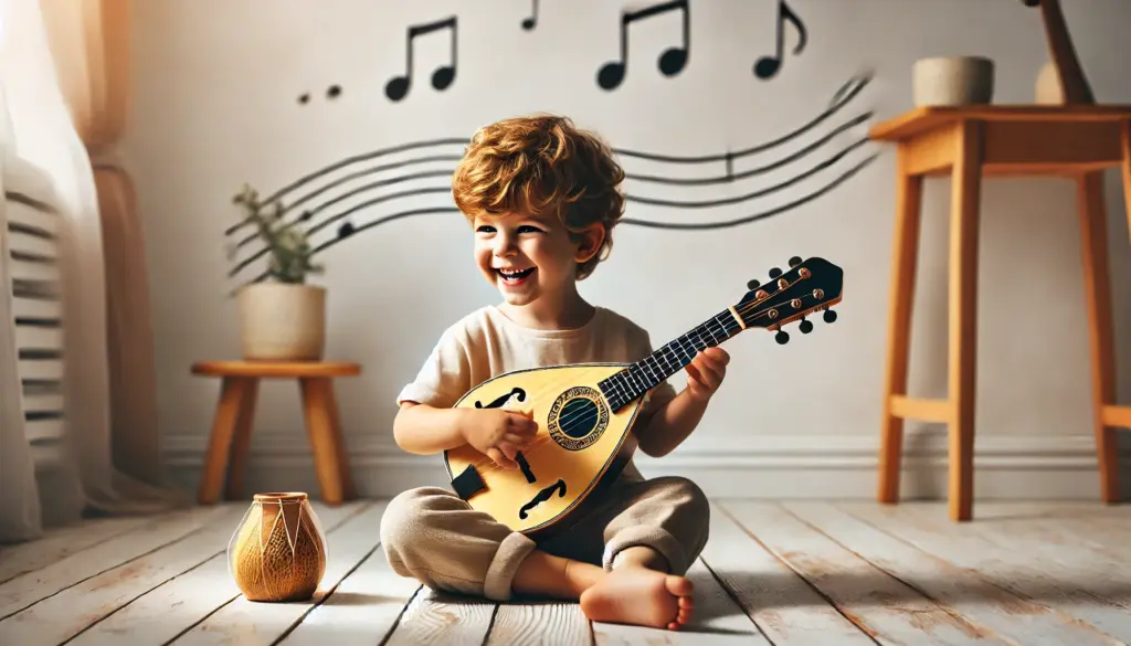 Fröhliches Kind spielt Mandoline in einem hellen Raum