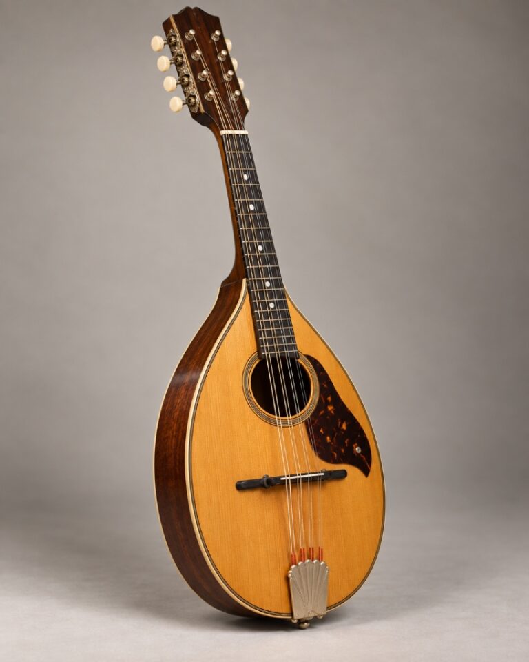 Klassische Flachrücken-Mandoline (Flatback) in Tropfenform mit flachem Boden und Zargen