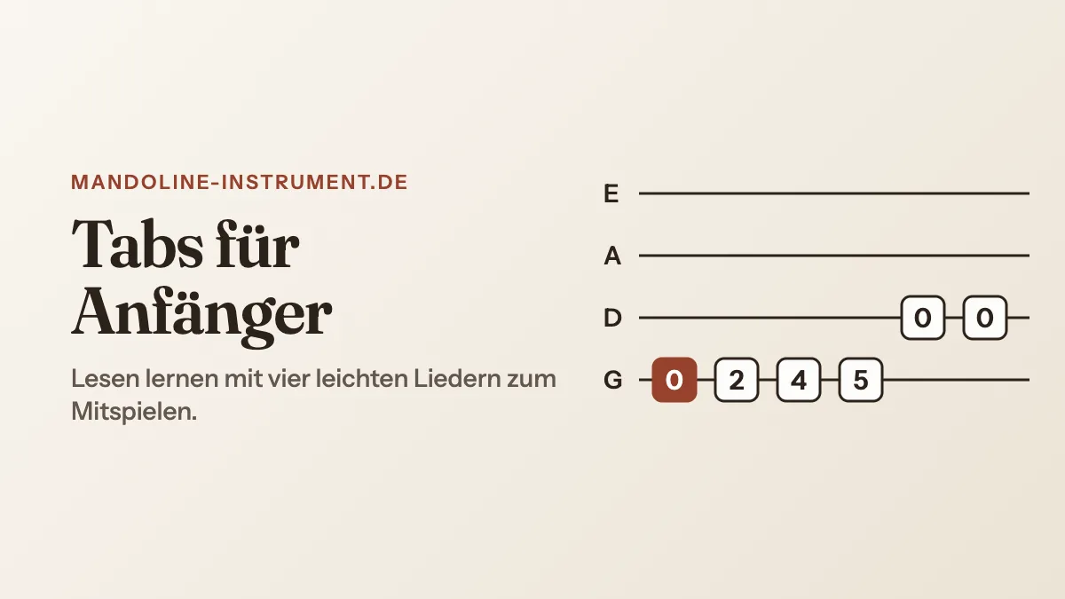 Titelgrafik „Tabs für Anfänger“: vier Tab-Linien E, A, D, G mit den Bundzahlen 0, 2, 4, 5, 0, 0
