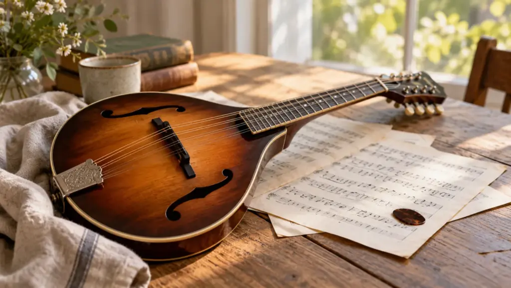 Klassische Mandoline auf einem Holztisch neben Notenblättern und Plektrum