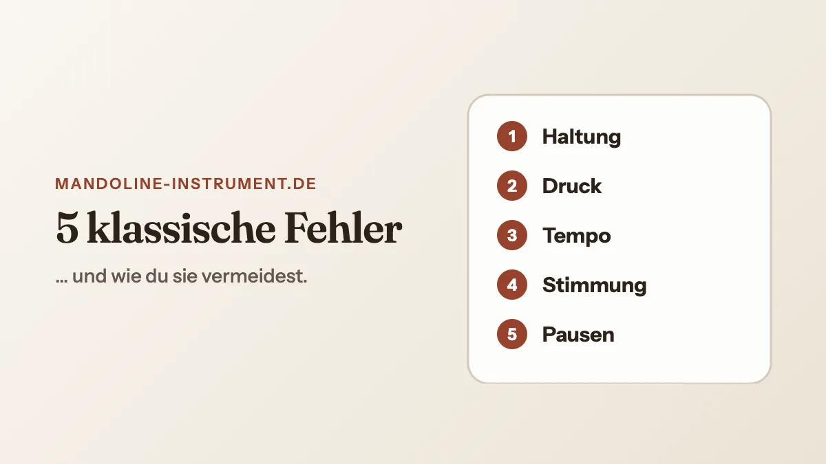 Titelgrafik „5 klassische Fehler“: eine nummerierte Liste von 1 bis 5: Haltung, Druck, Tempo, Stimmung, Pausen