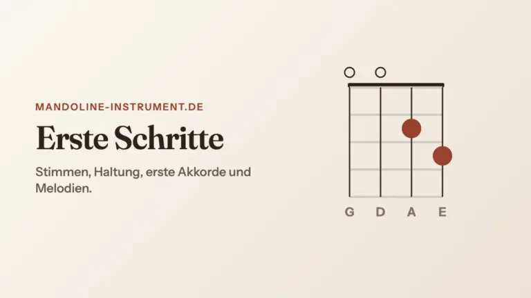Titelgrafik „Erste Schritte“: ein G-Dur-Griffbild mit drei leeren Saiten und zwei gegriffenen Tönen