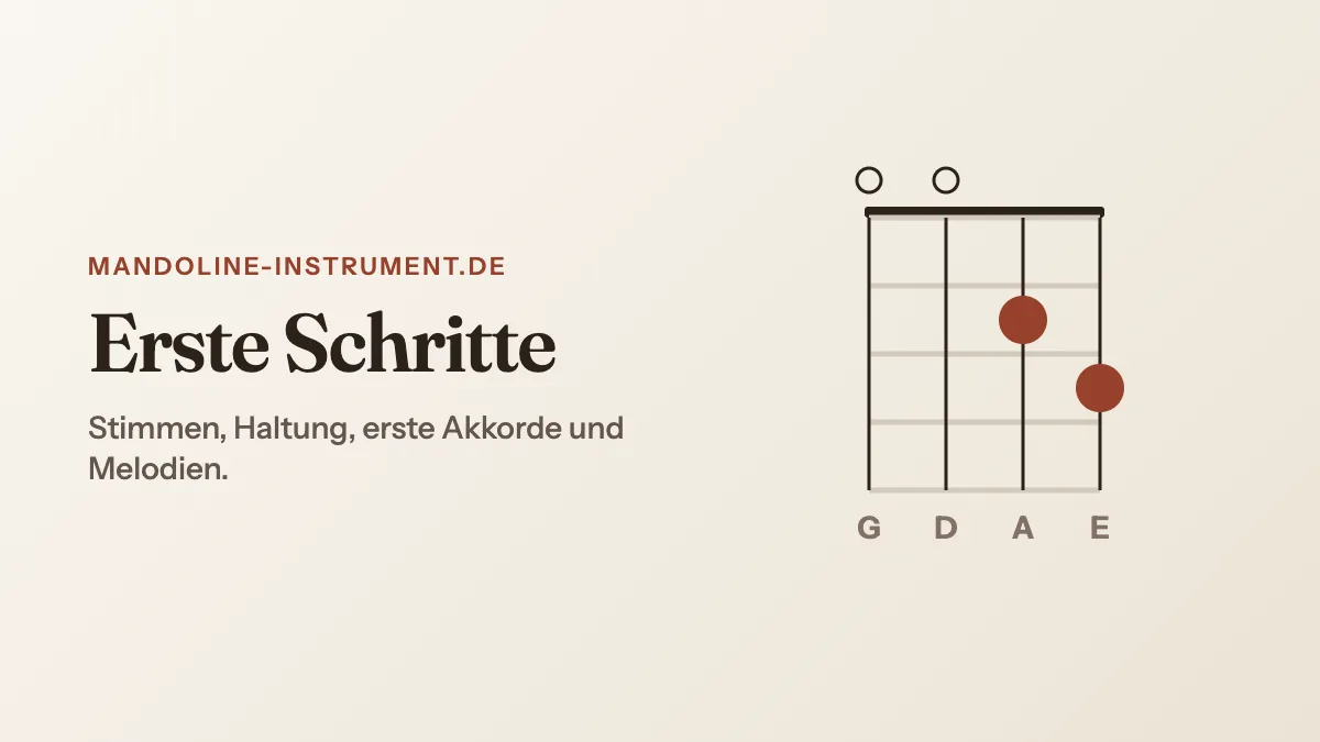Titelgrafik „Erste Schritte“: ein G-Dur-Griffbild mit drei leeren Saiten und zwei gegriffenen Tönen