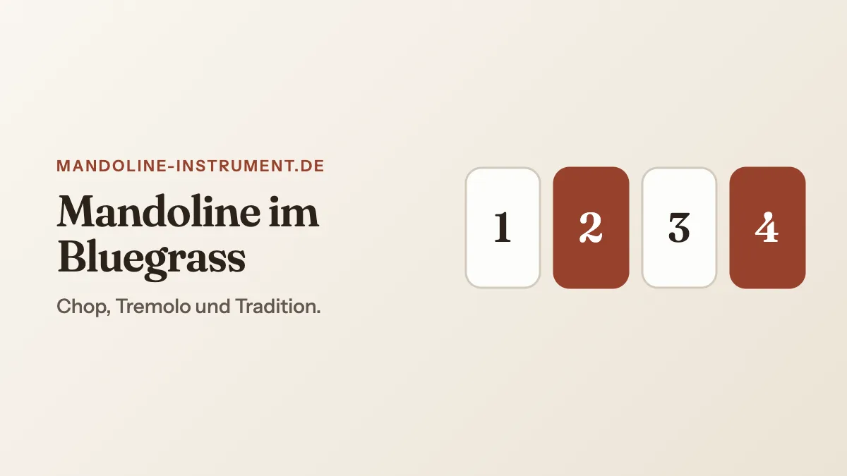 Titelgrafik „Mandoline im Bluegrass“: vier Taktschläge, die Schläge 2 und 4 farbig hervorgehoben