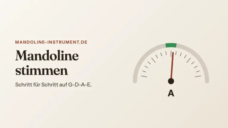 Titelgrafik „Mandoline stimmen“: eine Stimmgerät-Skala, die Nadel steht im grünen Bereich auf A