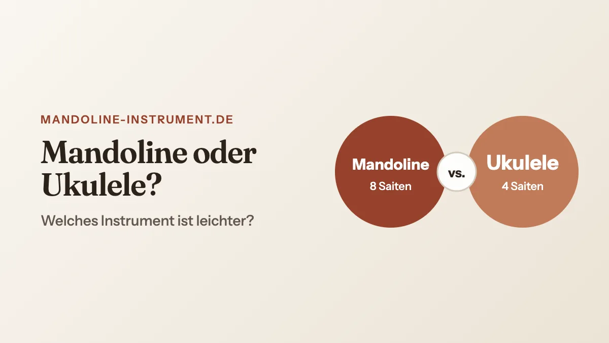 Titelgrafik „Mandoline oder Ukulele?“: zwei Kreise „Mandoline, 8 Saiten“ und „Ukulele, 4 Saiten“ mit „vs.“ dazwischen