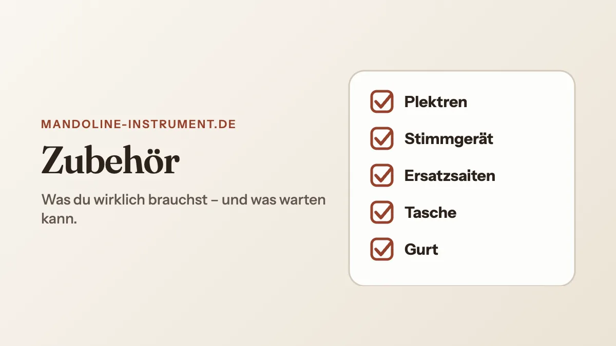 Titelgrafik „Zubehör“: eine abgehakte Liste: Plektren, Stimmgerät, Ersatzsaiten, Tasche, Gurt