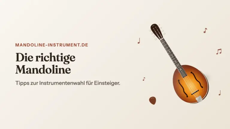 Titelgrafik „Die richtige Mandoline“: eine gezeichnete Mandoline mit acht Saiten und schwebenden Noten