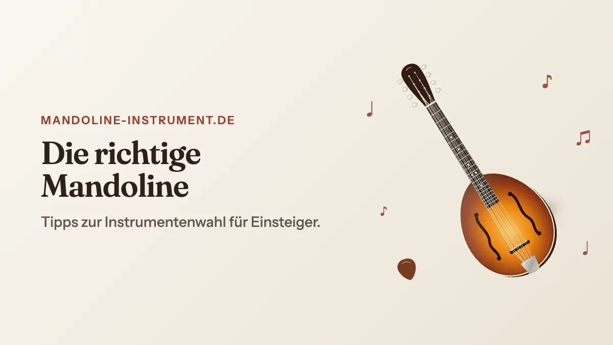Titelgrafik „Die richtige Mandoline“: eine gezeichnete Mandoline mit acht Saiten und schwebenden Noten