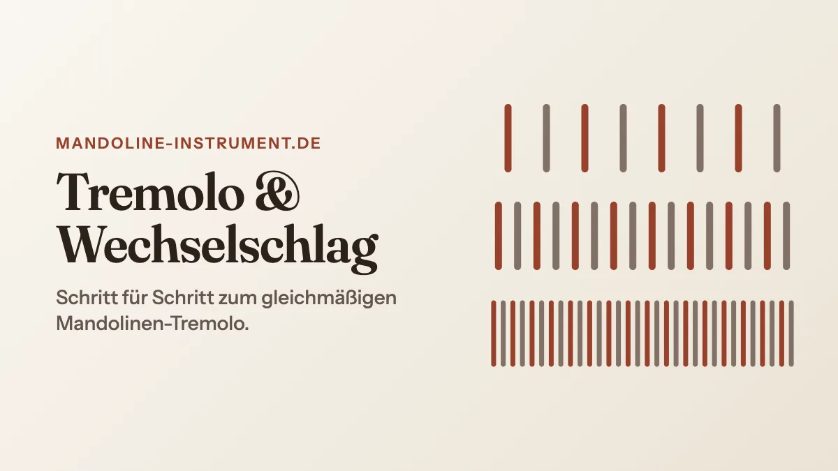 Titelgrafik „Tremolo & Wechselschlag“ mit Anschlagsstrichen, die von Achteln zum Tremolo immer dichter werden